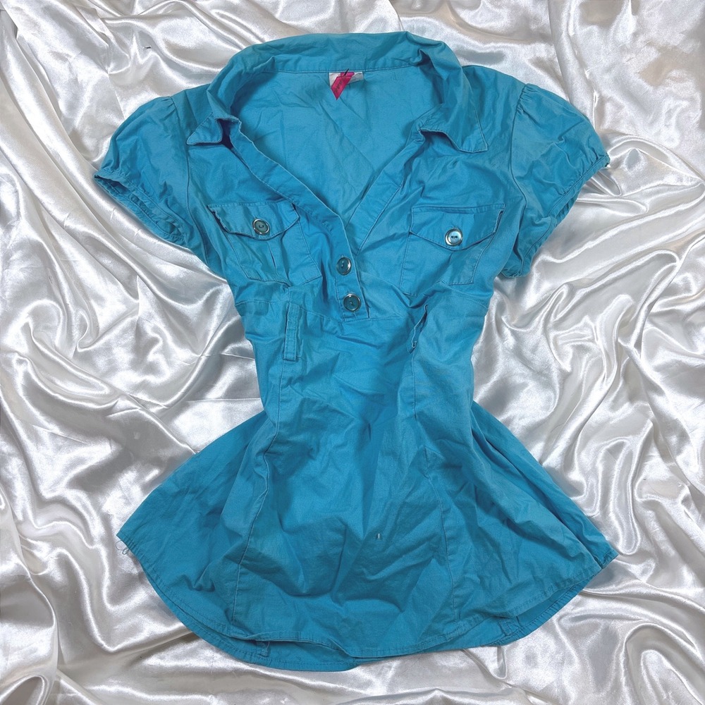 y2k Heart Soul Tunic Top Blue Good Short Sleeve Button Up Pockets XL